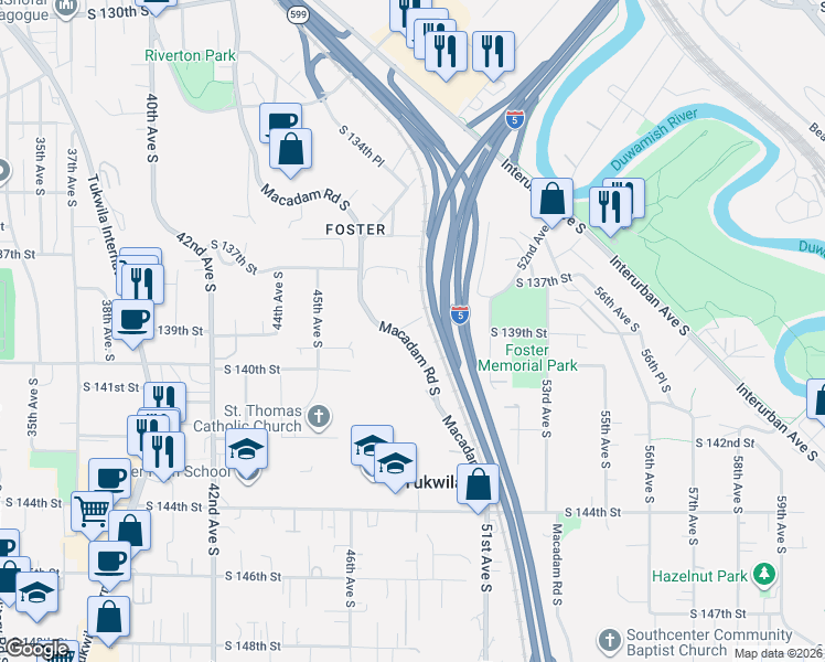 map of restaurants, bars, coffee shops, grocery stores, and more near 13806 Macadam Road South in Tukwila