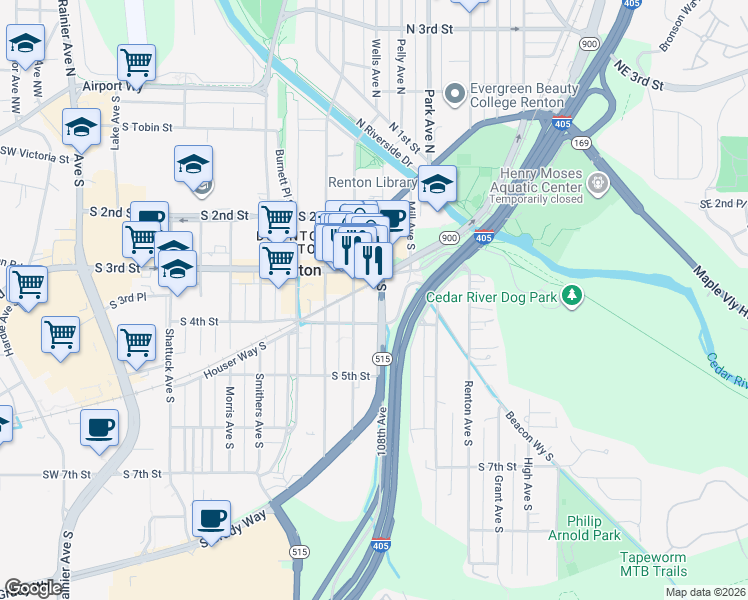 map of restaurants, bars, coffee shops, grocery stores, and more near 909 South 3rd Street in Renton