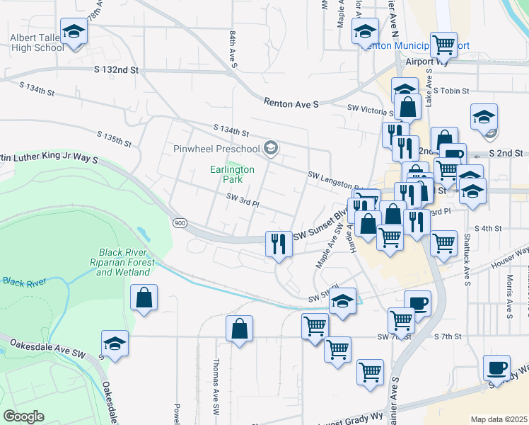 map of restaurants, bars, coffee shops, grocery stores, and more near 311 Earlington Avenue Southwest in Renton
