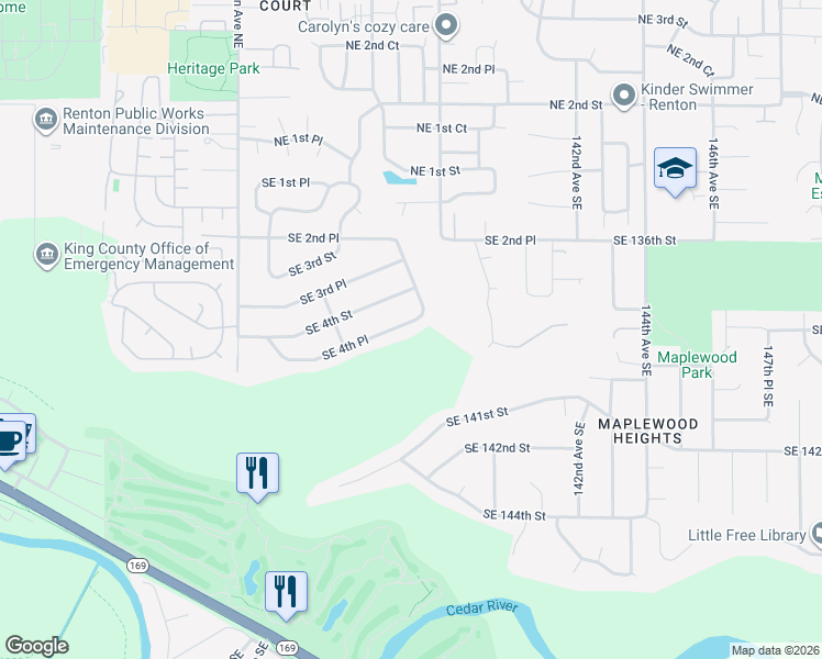 map of restaurants, bars, coffee shops, grocery stores, and more near 4601 Southeast 4th Place in Renton