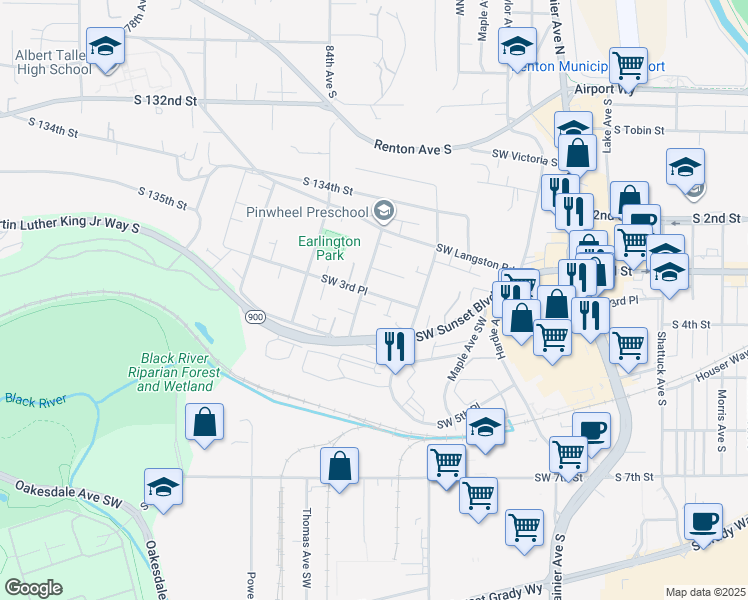 map of restaurants, bars, coffee shops, grocery stores, and more near 311 Earlington Avenue Southwest in Renton
