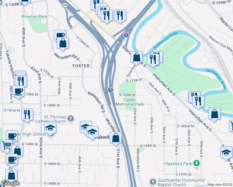 map of restaurants, bars, coffee shops, grocery stores, and more near 5011 South 138th Street in Tukwila