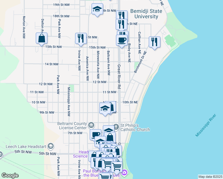 map of restaurants, bars, coffee shops, grocery stores, and more near 1122 Beltrami Avenue Northwest in Bemidji