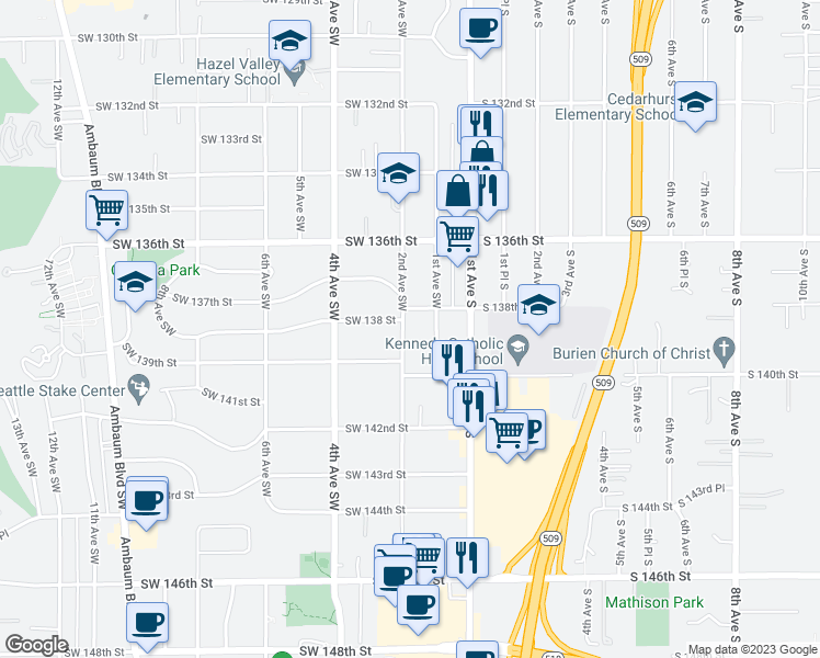map of restaurants, bars, coffee shops, grocery stores, and more near 13816 2nd Avenue Southwest in Burien