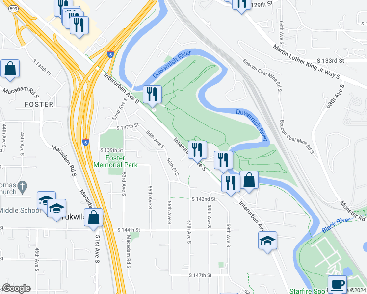 map of restaurants, bars, coffee shops, grocery stores, and more near 13815 Interurban Avenue South in Tukwila