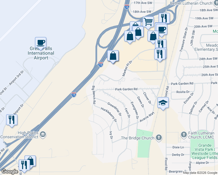 map of restaurants, bars, coffee shops, grocery stores, and more near 1814 Market Pl Dr in Great Falls