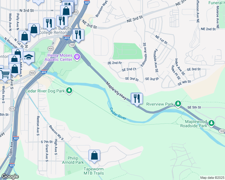 map of restaurants, bars, coffee shops, grocery stores, and more near 2003 Southeast Maple Valley Highway in Renton