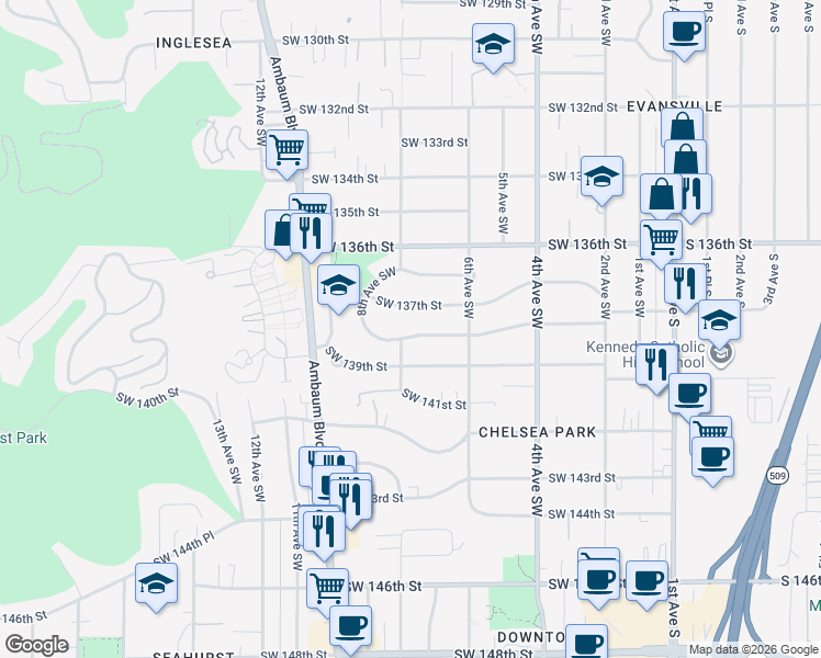 map of restaurants, bars, coffee shops, grocery stores, and more near 657 Southwest 137th Street in Burien