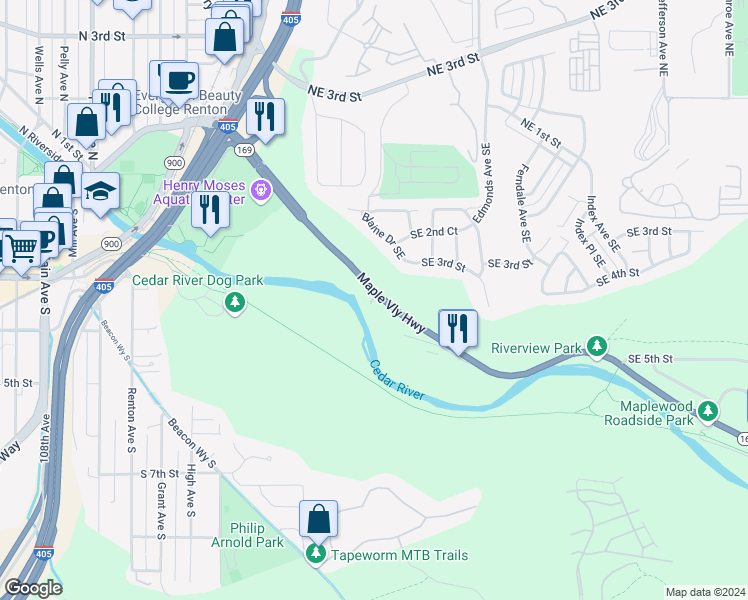 map of restaurants, bars, coffee shops, grocery stores, and more near 2205 Southeast Maple Valley Highway in Renton