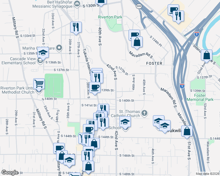 map of restaurants, bars, coffee shops, grocery stores, and more near 4110 South 139th Street in Tukwila