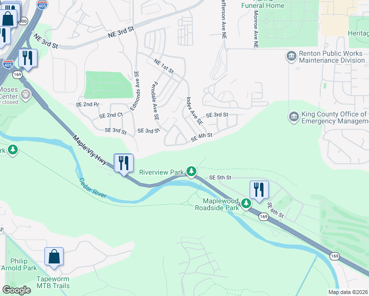 map of restaurants, bars, coffee shops, grocery stores, and more near 2749 Southeast 4th Street in Renton