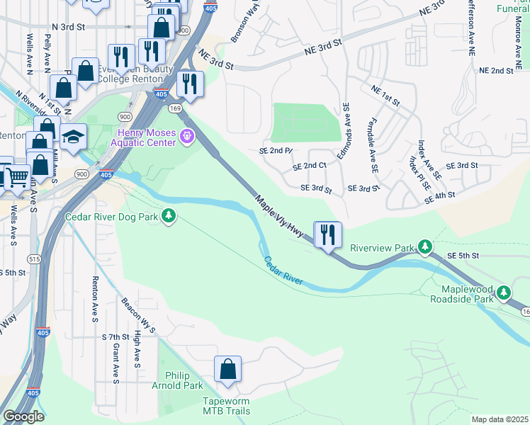map of restaurants, bars, coffee shops, grocery stores, and more near 2003 Southeast Maple Valley Highway in Renton