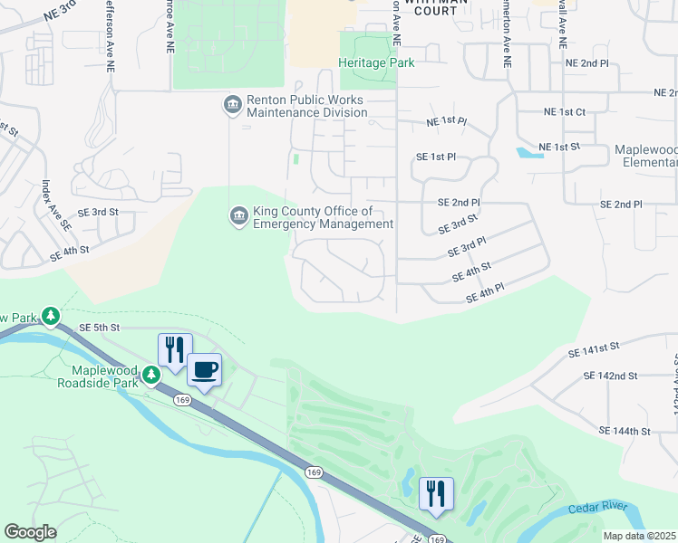 map of restaurants, bars, coffee shops, grocery stores, and more near 375 Union Avenue Southeast in Renton