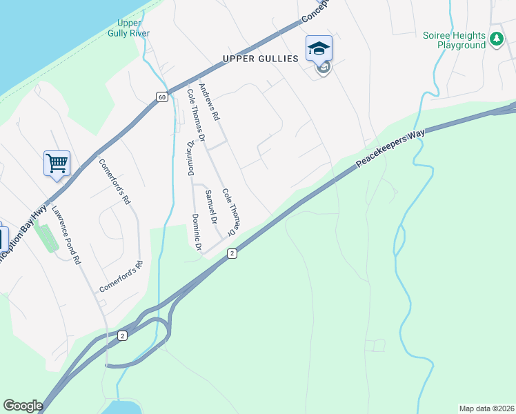 map of restaurants, bars, coffee shops, grocery stores, and more near 86 Andrews Road in Conception Bay South