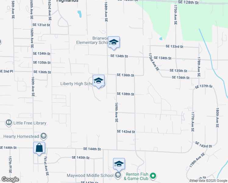 map of restaurants, bars, coffee shops, grocery stores, and more near 13647 169th Avenue Southeast in Renton