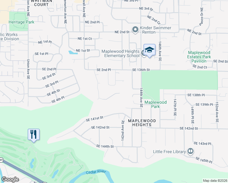 map of restaurants, bars, coffee shops, grocery stores, and more near 5007 Southeast 3rd Place in Renton