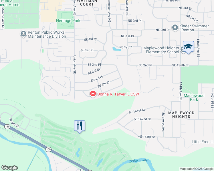 map of restaurants, bars, coffee shops, grocery stores, and more near 4408 Southeast 4th Street in Renton