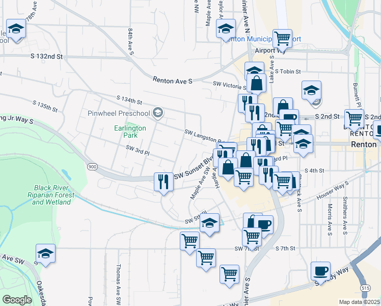map of restaurants, bars, coffee shops, grocery stores, and more near 324 Stevens Avenue Southwest in Renton