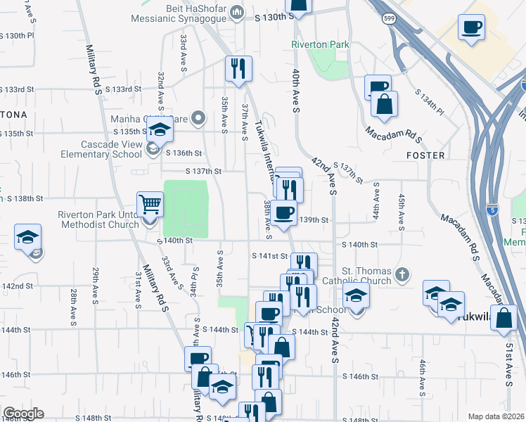 map of restaurants, bars, coffee shops, grocery stores, and more near 13820 37th Avenue South in Tukwila
