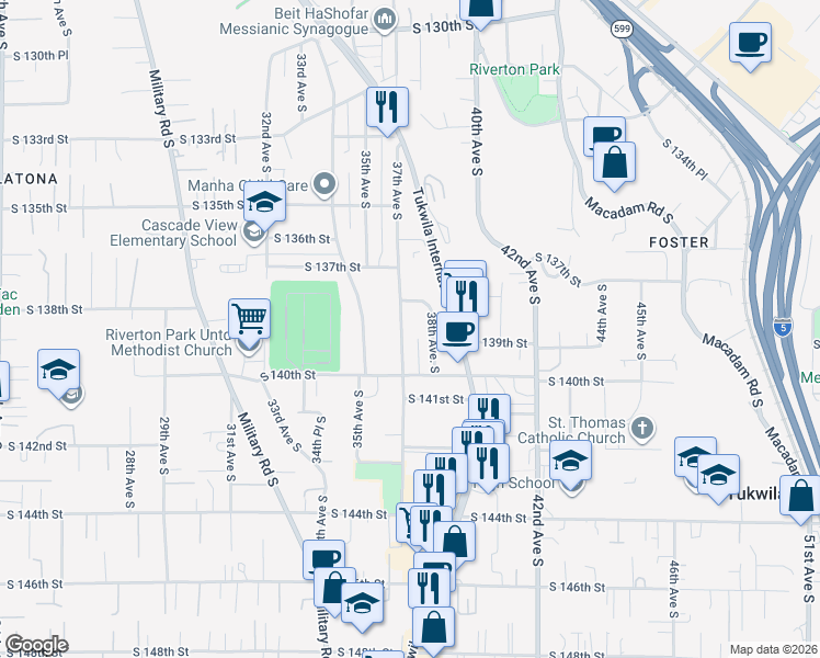 map of restaurants, bars, coffee shops, grocery stores, and more near 13820 37th Avenue South in Tukwila