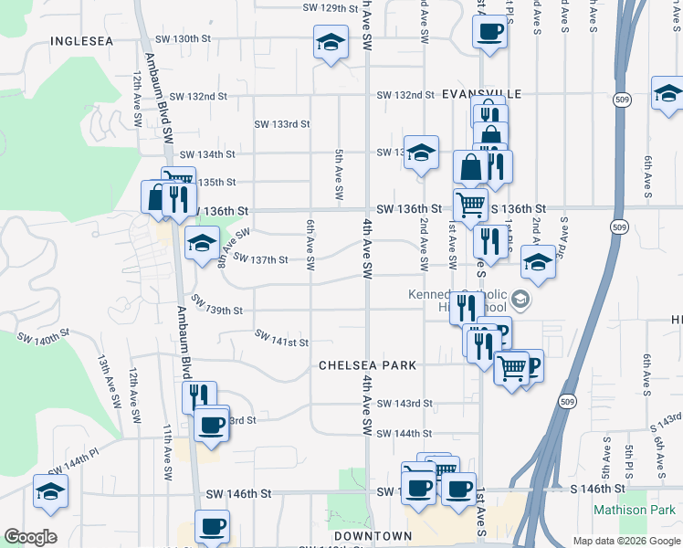 map of restaurants, bars, coffee shops, grocery stores, and more near 416 Southwest 138 Street in Burien