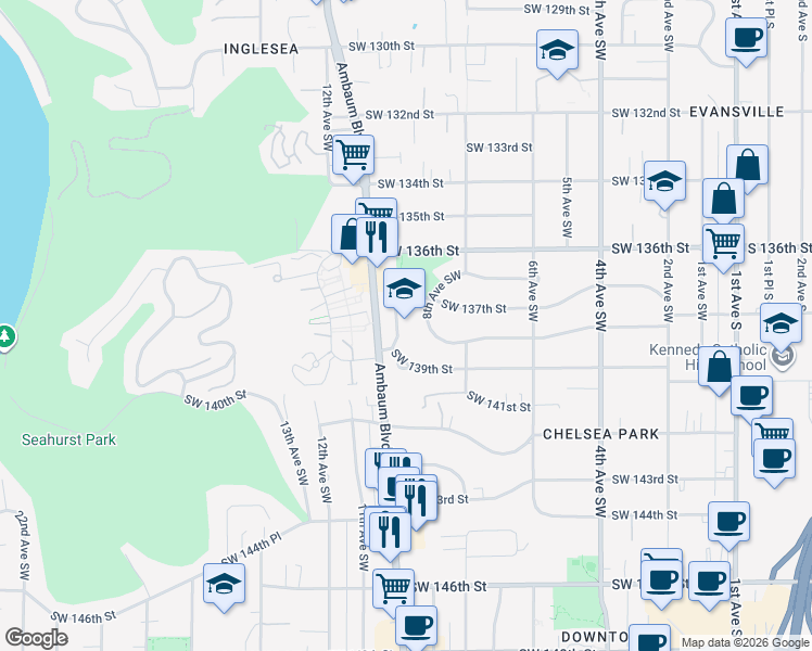 map of restaurants, bars, coffee shops, grocery stores, and more near 13715 10th Avenue Southwest in Burien