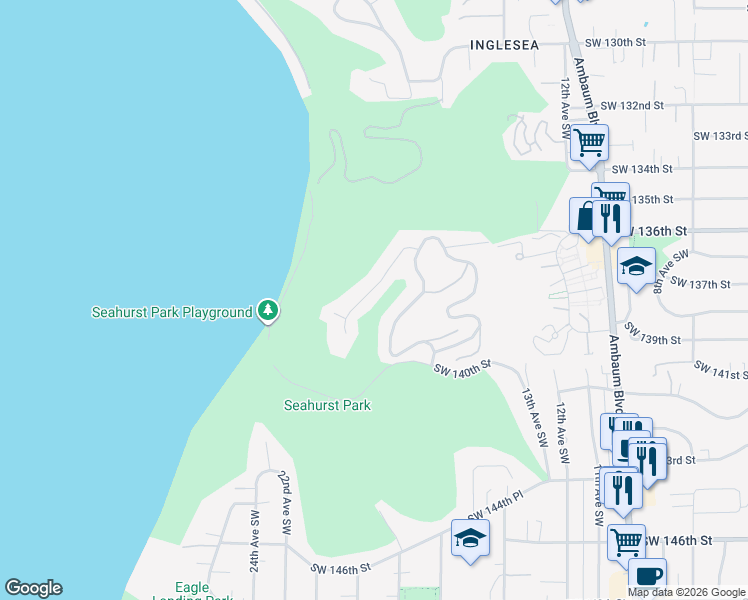 map of restaurants, bars, coffee shops, grocery stores, and more near 13672 18th Avenue Southwest in Burien