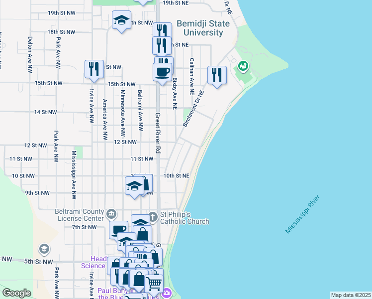 map of restaurants, bars, coffee shops, grocery stores, and more near 1134 Birchmont Drive Northeast in Bemidji