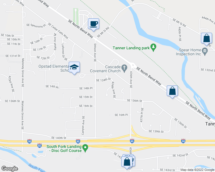 map of restaurants, bars, coffee shops, grocery stores, and more near 13505 433rd Place Southeast in North Bend