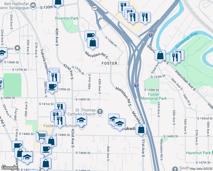 map of restaurants, bars, coffee shops, grocery stores, and more near 13727 Macadam Road South in Tukwila