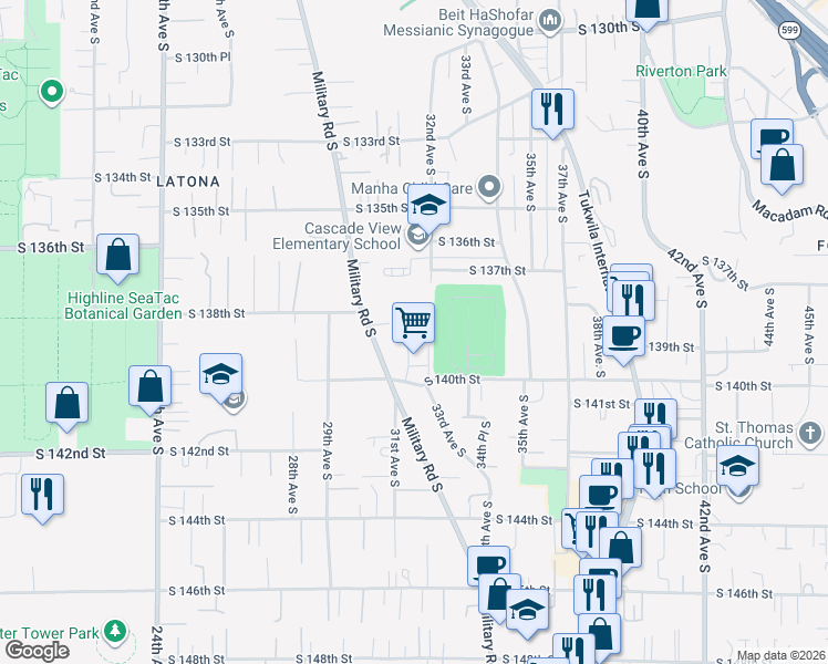map of restaurants, bars, coffee shops, grocery stores, and more near 13813 32nd Lane South in Tukwila
