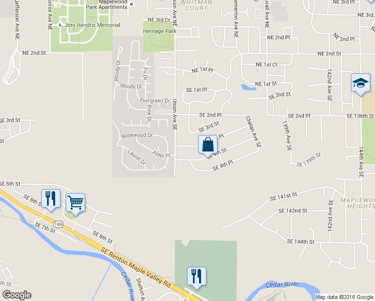 map of restaurants, bars, coffee shops, grocery stores, and more near 4115 Southeast 3rd Place in Renton