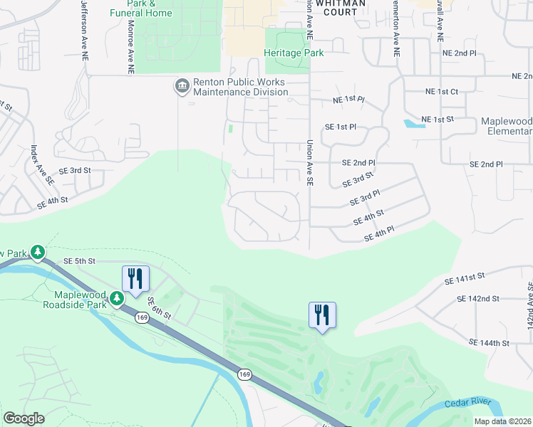 map of restaurants, bars, coffee shops, grocery stores, and more near 375 Union Avenue Southeast in Renton