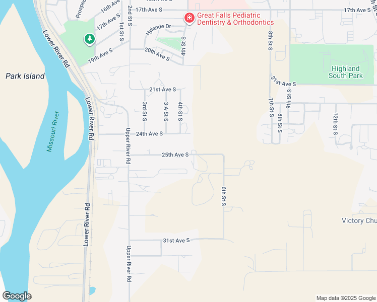 map of restaurants, bars, coffee shops, grocery stores, and more near 409 25th Avenue South in Great Falls