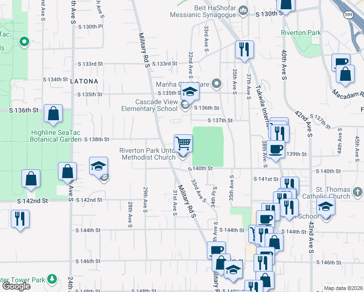 map of restaurants, bars, coffee shops, grocery stores, and more near 13802 Military Road South in Tukwila