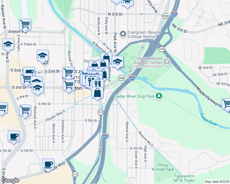 map of restaurants, bars, coffee shops, grocery stores, and more near Interstate 405 in Renton