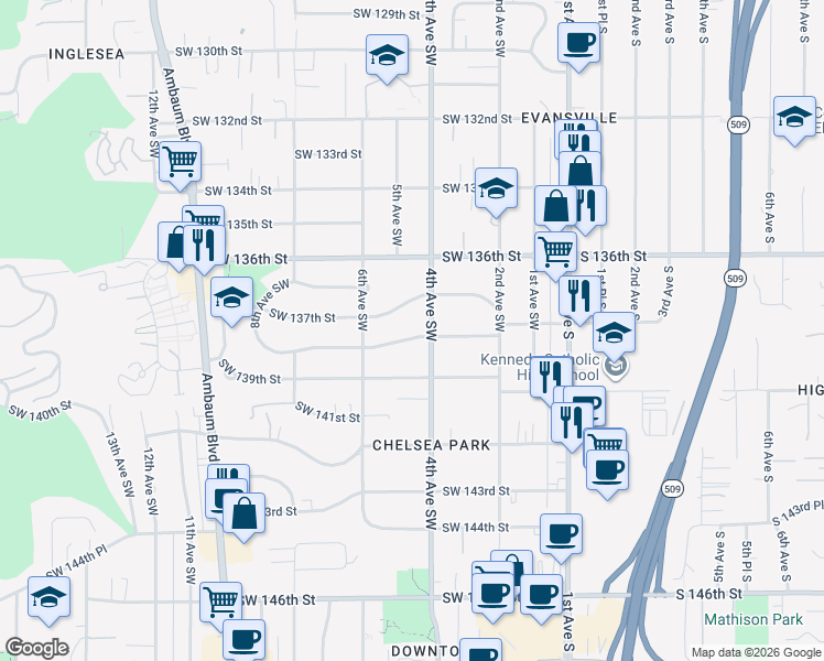 map of restaurants, bars, coffee shops, grocery stores, and more near 416 Southwest 138 Street in Burien