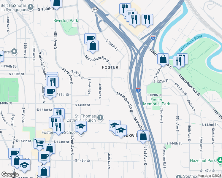 map of restaurants, bars, coffee shops, grocery stores, and more near 13727 Macadam Road South in Tukwila