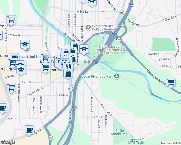 map of restaurants, bars, coffee shops, grocery stores, and more near 1223 South 3rd Street in Renton