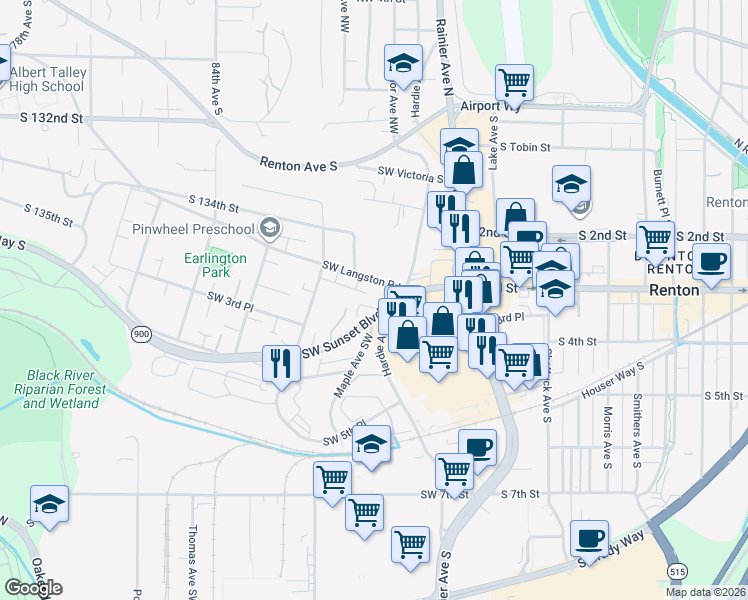 map of restaurants, bars, coffee shops, grocery stores, and more near 303 Southwest Langston Road in Renton