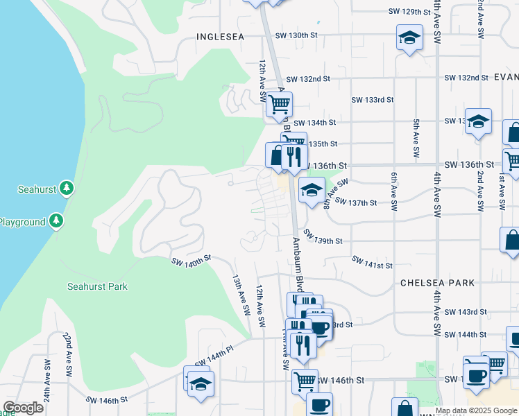 map of restaurants, bars, coffee shops, grocery stores, and more near 13608 12th Avenue Southwest in Seattle