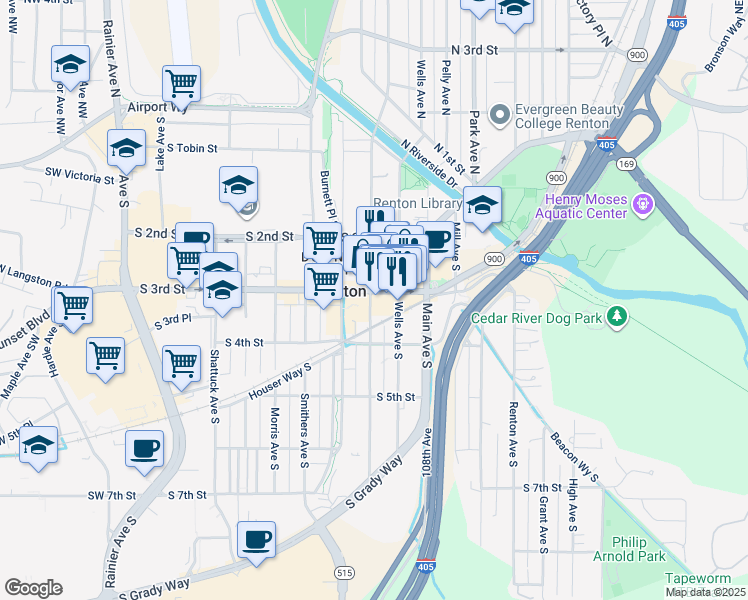 map of restaurants, bars, coffee shops, grocery stores, and more near 308 Williams Avenue South in Renton