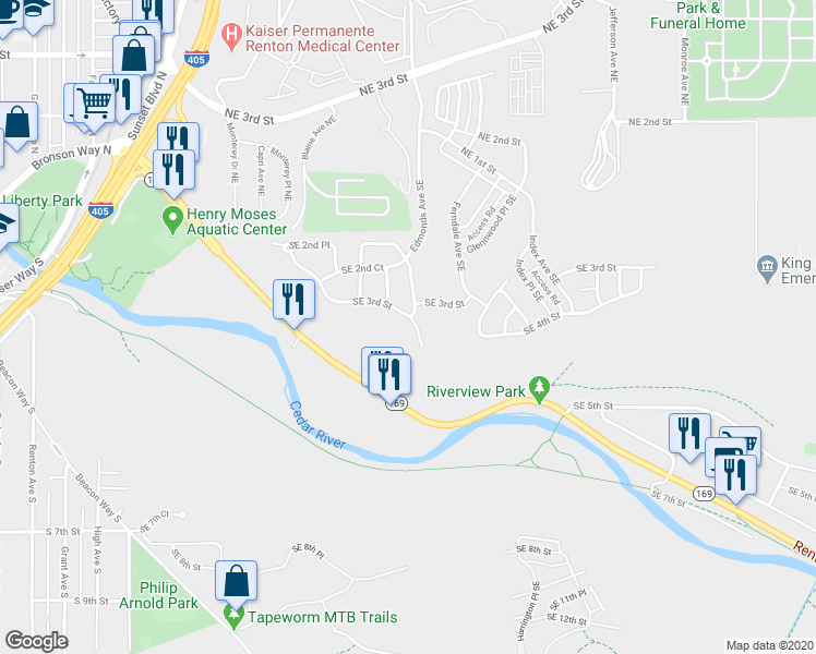 map of restaurants, bars, coffee shops, grocery stores, and more near 311 Edmonds Avenue Southeast in Renton