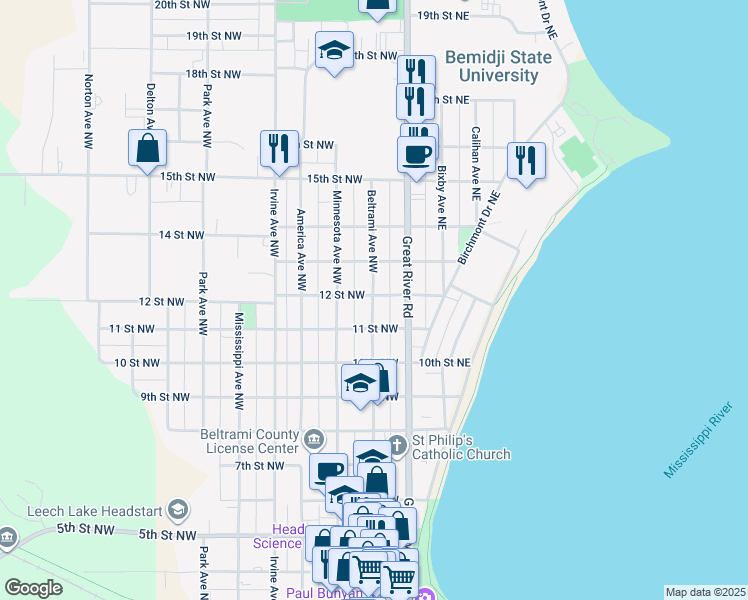 map of restaurants, bars, coffee shops, grocery stores, and more near 1122 Beltrami Avenue Northwest in Bemidji