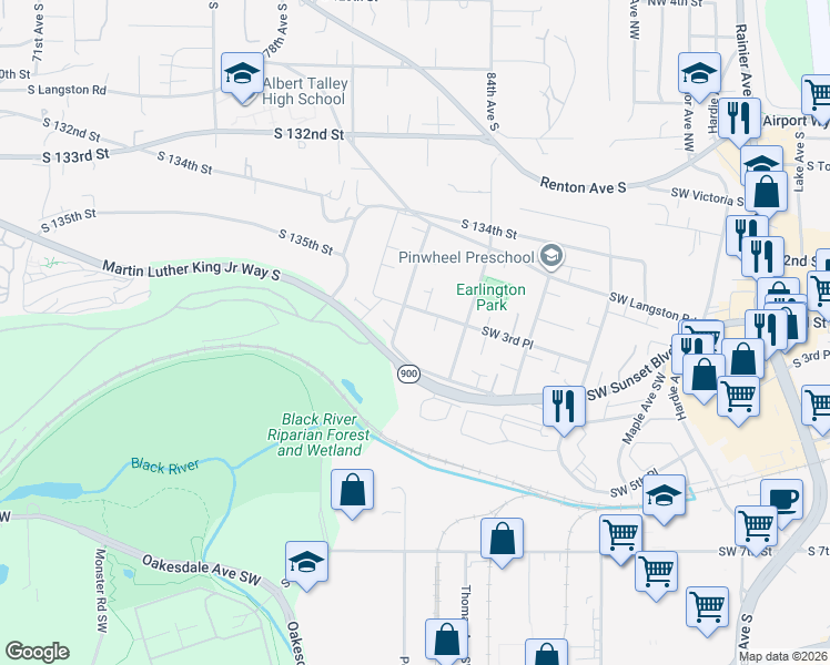 map of restaurants, bars, coffee shops, grocery stores, and more near 1013 Southwest 3rd Place in Renton