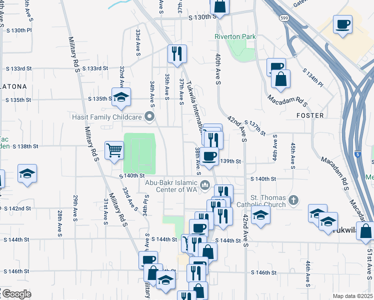 map of restaurants, bars, coffee shops, grocery stores, and more near 13820 37th Avenue South in Tukwila