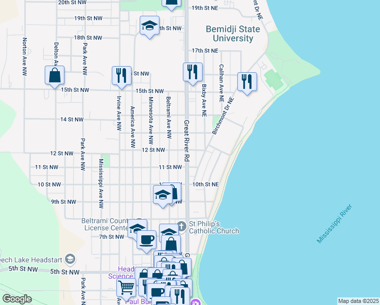 map of restaurants, bars, coffee shops, grocery stores, and more near 1126 U.S. 2 Old in Bemidji