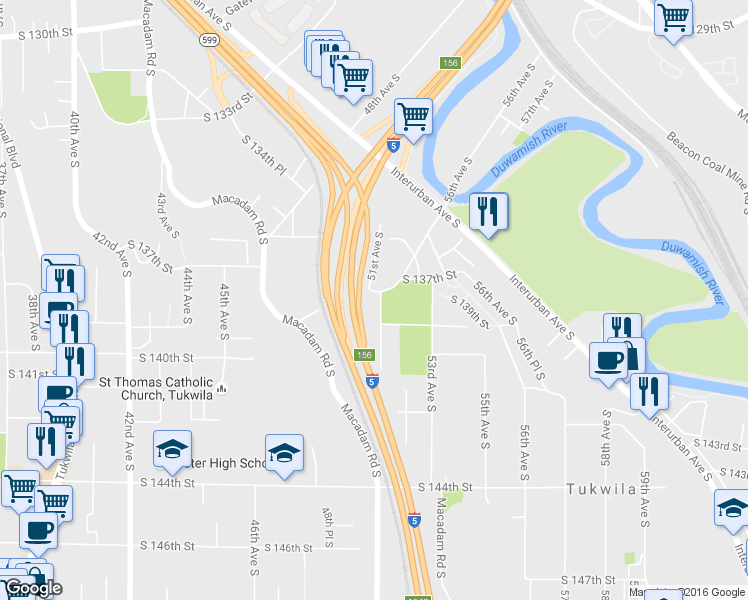 map of restaurants, bars, coffee shops, grocery stores, and more near 5011 South 138th Street in Tukwila