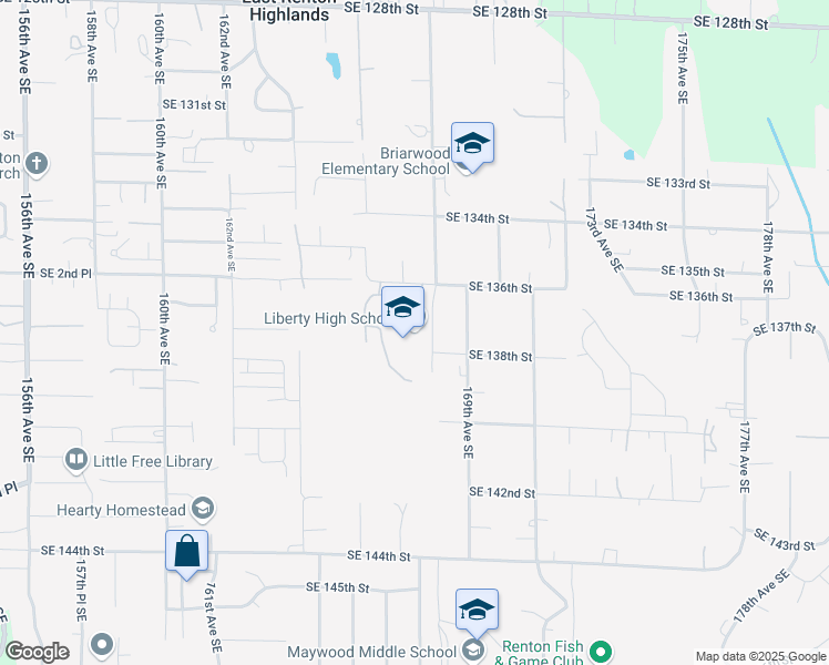 map of restaurants, bars, coffee shops, grocery stores, and more near 16655 Southeast 136th Street in Renton