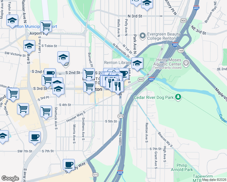 map of restaurants, bars, coffee shops, grocery stores, and more near 909 South 3rd Street in Renton